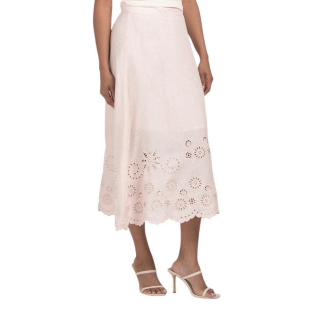 Elie Tahari Midi Skirt Blush Pink Floral Eyelet Trim Linen Blend A-Line Pastel